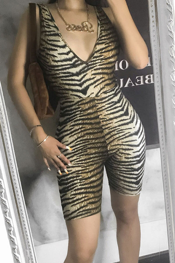 Tiger Pattern Sexy Animal Print Split Joint V Neck Skinny Jumpsuits