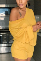 Yellow Sportswear Polyester Solid V Neck Long Sleeve Regular Sleeve Regular Two Pieces