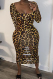 Leopard print Fashion Sexy adult Ma'am Cap Sleeve Long Sleeves Square Step Skirt Mid-Calf Leopard hole Dresses
