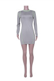 Grey Fashion Casual Solid Patchwork Half A Turtleneck A Line Dresses