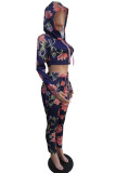 Powder blue Polyester Casual Floral Print pencil Long Sleeve Two Pieces