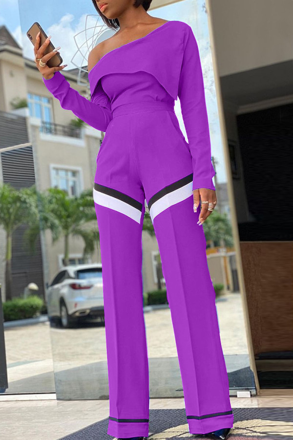 Purple Fashion Casual Striped Patchwork Oblique Collar Long Sleeve Two Pieces