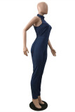 Blue Sexy Casual Solid Without Belt O Neck Sleeveless Skinny Jumpsuit