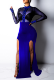 Blue Sexy Print High Opening Mesh O Neck Irregular Dress Dresses