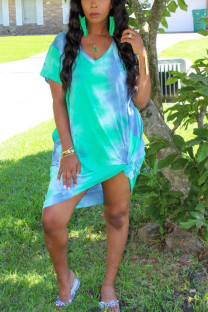 Green Polyester Fashion Sexy adult Green Pink rose red Cap Sleeve Short Sleeves V Neck A-Line Mid-Calf Print Patchwork Tie and dye Dresses