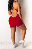 Red Casual Sportswear Solid Backless O Neck Skinny Romper