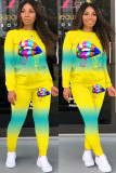 Yellow Polyester Sexy Casual Print Gradient Lips Print pencil Long Sleeve Two Pieces