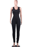 Black Fashion Sexy Patchwork Backless Hollow Solid Polyester Sleeveless V Neck Jumpsuits