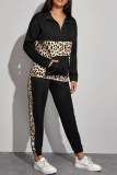 Black Casual Leopard Patchwork Turndown Collar Long Sleeve Two Pieces