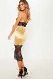 Gold Polyester Fashion Sexy Off The Shoulder Sleeveless Slip Slim Dress Mid-Calf backless Patchwork lace