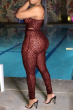 Black Fashion Sexy Print See-through Backless Spaghetti Strap Sleeveless Two Pieces