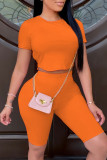 Orange Sexy Solid Frenulum Backless O Neck Short Sleeve Two Pieces