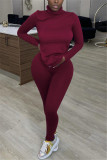 Wine Red Casual Solid Basic Turtleneck Long Sleeve Two Pieces