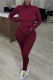 Wine Red Casual Solid Basic Turtleneck Long Sleeve Two Pieces