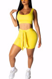 Yellow Polyester Fashion Active Patchwork Solid Two Piece Suits Straight Sleeveless Two Pieces