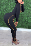 Black Casual Solid Patchwork Zipper Collar Skinny Jumpsuits