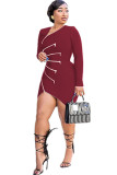 Wine Red Sexy Cap Sleeve Long Sleeves zipper Asymmetrical skirt Solid Patchwork asymmetrical