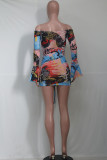Multi-color Sexy Print See-through Mesh Wrapped Skirt Dresses