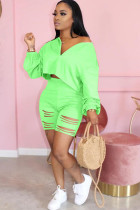 Fluorescent green Polyester Fashion adult Ma'am Street Patchwork Solid Hole Two Piece Suits pencil Long Sleeve Two Pieces
