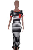 Red Polyester Fashion Red Yellow Bat sleeve Short Sleeves O neck Step Skirt Ankle-Length Striped Print Pocket Dresses