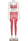 Red Fashion Sexy Print Hollowed Out Strap Design Spaghetti Strap Sleeveless Two Pieces