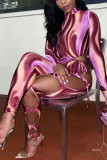 Purple Fashion Sexy Print Hollowed Out Turtleneck Skinny Jumpsuits