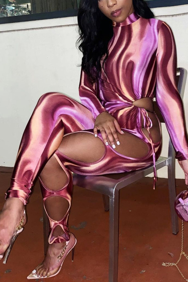 Purple Fashion Sexy Print Hollowed Out Turtleneck Skinny Jumpsuits