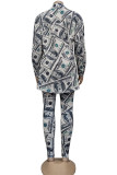White British Style Print Turndown Collar Long Sleeve Two Pieces