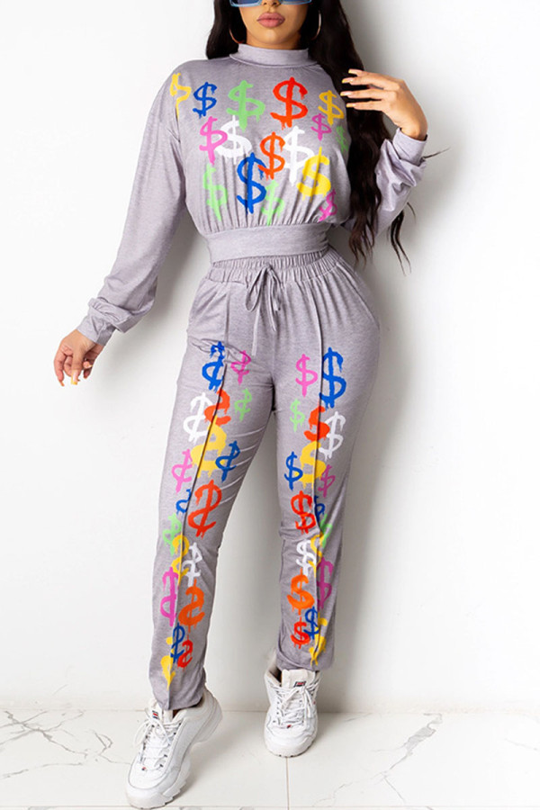 Light Gray Casual Polyester Cotton Blends Letter Patchwork Print Split Joint Fold Letter Pullovers Pants O Neck Long Sleeve Regular Sleeve Regular Two Pieces