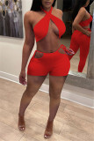 Red Fashion Sexy Solid Hollowed Out Backless Halter Sleeveless Two Pieces