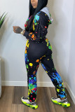 Black Fashion Casual Print Basic Hooded Collar Long Sleeve Two Pieces