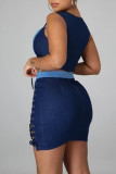 Blue Fashion Sexy Patchwork Strap Design V Neck Sleeveless Two Pieces