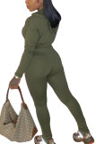 Army Green Fashion Casual Adult Polyester Solid Split Joint V Neck Long Sleeve Regular Sleeve Short Two Pieces