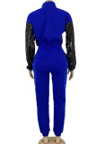 Royal blue Polyester Sexy Solid Sequin Patchwork Two Piece Suits asymmetrical pencil Long Sleeve