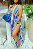 Blue Sexy Striped Draw String V Neck Sleeveless Two Pieces