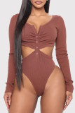 Red Casual Living Solid Hollowed Out V Neck Skinny Romper