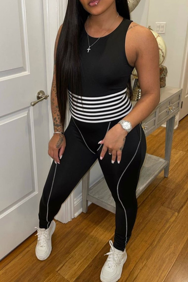 Black Casual Sportswear Striped Patchwork U Neck Skinny Jumpsuits