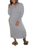 Grey Polyester Fashion Casual adult Ma'am Cap Sleeve Long Sleeves O neck Step Skirt Ankle-Length Solid Dresses