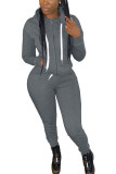 Dark Gray Fashion Casual Adult Polyester Solid Pocket Hooded Collar Long Sleeve Regular Sleeve Regular Two Pieces