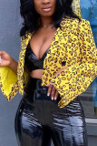 Yellow Turndown Collar Leopard Nylon Print Long Sleeve Outerwear