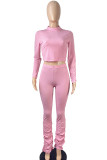 Pink Fashion Sexy Street Party Polyester Solid Fold Pullovers Pants Half A Turtleneck Long Sleeve Regular Sleeve Regular Two Pieces
