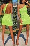 Fluorescent green Sexy Solid Patchwork One Shoulder Wrapped Skirt Dresses