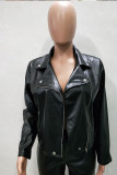 Black PU Street Mandarin Collar Solid Zippered Patchwork Zipper Plus Size Tops
