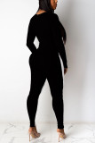 Black Fashion Casual Patchwork Split Joint O Neck Skinny Jumpsuits