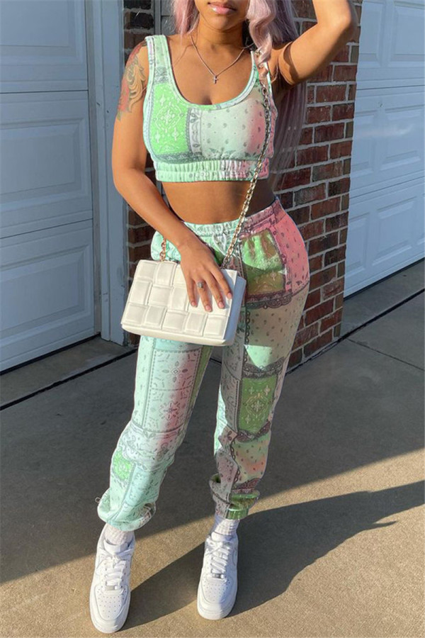 Green Fashion Casual Print Basic U Neck Sleeveless Two Pieces