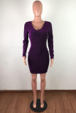 Purple Sexy Solid Hollowed Out V Neck Wrapped Skirt Dresses