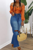 Medium Blue Fashion Casual Plus Size Solid Ripped High Waist Straight Jeans