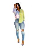 Blue cardigan Long Sleeve Slim fit Patchwork contrast color Striped Blouses & Shirts