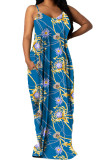 Blue Polyester Fashion Sexy adult Ma'am Spaghetti Strap Sleeveless Slip Swagger Floor-Length Print Dresses