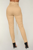 Khaki British Style Solid Buttons With Belt Regular Mid Waist Pencil Bottoms